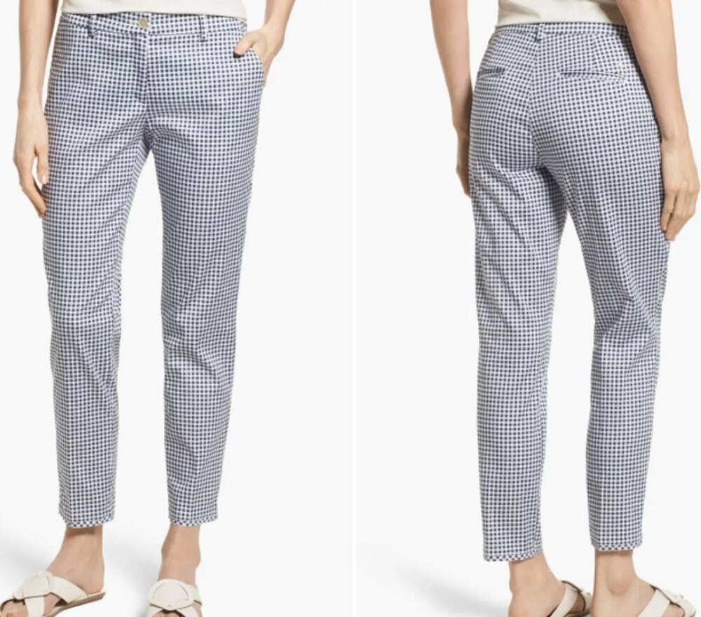 Brax Maron Gingham Stretch Cotton Ankle Pants Women's 16 Blue White Frayed Hem
